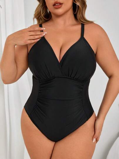 Swim Lushoire بدلة سباحة قطعة واحدة مقاسات كبيرة، باللون الأسود مع كشكشة في الخصر، تصميم بسيط للارتداء اليومي والشاطئ المنتجعات، مناسبة للعطلات الصيفية