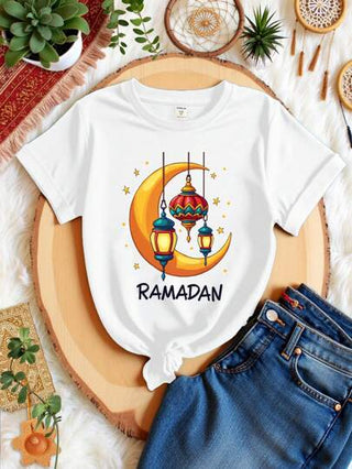 ملابس بناتي رمضان تي شيرت طاقم قصير الأكمام للبنات المراهقات، بطبعة فانوس رمضان بنجوم وقمر، أزياء عائلية مناسبة لرمضان، مريح للربيع والصيف