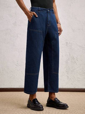 AKNOTIC Business Casual بنطلون جينز رجالي ضيق بخطوط مستقيمة بحواف ممزقة وطول 7/8 باللون الأزرق مرن، مناسب للقيادة اليومية، مزين بوصلة من الجلد