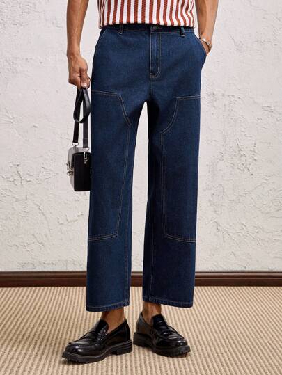 AKNOTIC Business Casual بنطلون جينز رجالي ضيق بخطوط مستقيمة بحواف ممزقة وطول 7/8 باللون الأزرق مرن، مناسب للقيادة اليومية، مزين بوصلة من الجلد