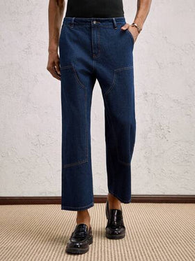 AKNOTIC Business Casual بنطلون جينز رجالي ضيق بخطوط مستقيمة بحواف ممزقة وطول 7/8 باللون الأزرق مرن، مناسب للقيادة اليومية، مزين بوصلة من الجلد