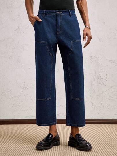 AKNOTIC Business Casual بنطلون جينز رجالي ضيق بخطوط مستقيمة بحواف ممزقة وطول 7/8 باللون الأزرق مرن، مناسب للقيادة اليومية، مزين بوصلة من الجلد