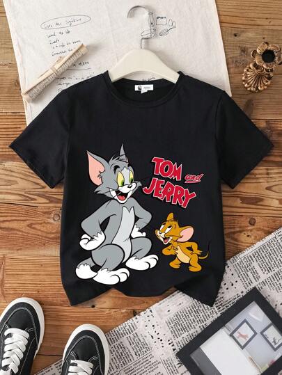ملابس بناتي TOM & JERRY X  تي شيرت كم قصير مع طباعة قطة كرتونية للفتيات المراهقات في الصيف