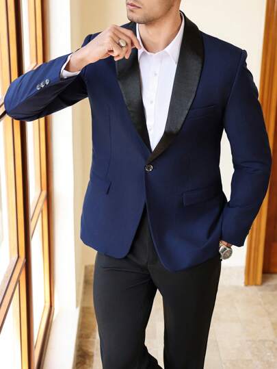 Manfinity Bizformal جاكيت بدلة رجالية ذات لون أحادي الصدر، طويلة الأكمام للأعمال
