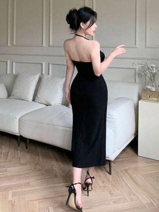 DAZY فستان نسائي أنيق منتصف الطول من التنانير المشمسة ذو دكور من الشريط والتصميم المتناسق غير المتماثل للحمالات