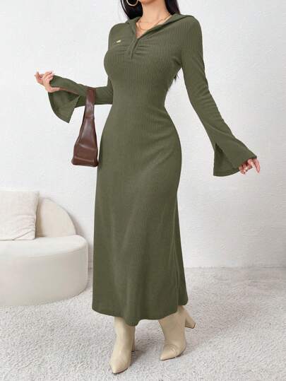 Mulvari فستان نسائي ضيق بأكمام طويلة، أحادي اللون
