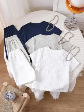SHEIN اشتر 4 واحصل على 2 مجانًا، 6 قطع ملابس مراهق ذكر كاجوال من قماش ذو ملمس متماسك، تي شيرت بأكمام قصيرة وياقة طاقم، وشورت بخصر مطاطي مطبوع عليه حرف متباين، مناسب للخريف/الربيع، اللعب في الهواء الطلق، المدرسة، الشارع، الحفلات والترفيه، أداء عالي التكلفة