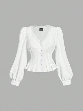 SHEIN MOD قميص أبيض أنيق مع تطريز شرائط الدانتيل الأنيق مفتوح الأمام ل