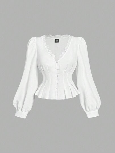 SHEIN MOD قميص أبيض أنيق مع تطريز شرائط الدانتيل الأنيق مفتوح الأمام ل