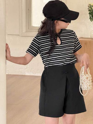 girls-sets DAZY فتيات مراهقات طقم مكون من 2 قطع: توب بأكمام قصيرة وفتحة على الرقبة مخطط والشورت, أزياء كاجوال