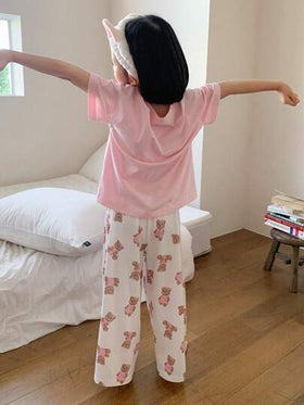 Dazy Kids طقم ملابس داخلية قصيرة الأكمام وبنطلون مطبوع عليه دب للفتيات الصغيرات، ملابس صيفية للفتيات في عيد الفصح