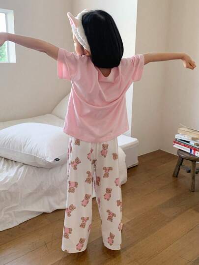 Dazy Kids طقم ملابس داخلية قصيرة الأكمام وبنطلون مطبوع عليه دب للفتيات الصغيرات، ملابس صيفية للفتيات في عيد الفصح