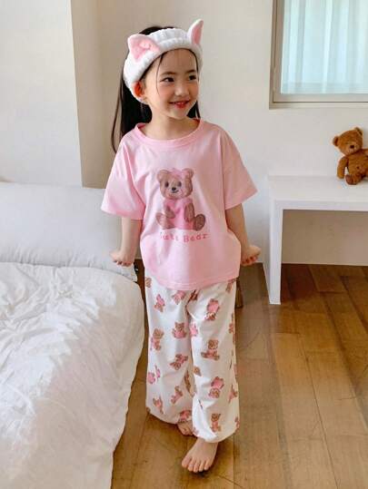 Dazy Kids طقم ملابس داخلية قصيرة الأكمام وبنطلون مطبوع عليه دب للفتيات الصغيرات، ملابس صيفية للفتيات في عيد الفصح