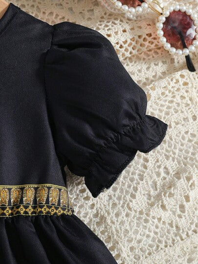 فساتين بيبي فستان بأكمام منتفخة بطبعة رجعية فريدة للبنات الصغيرات