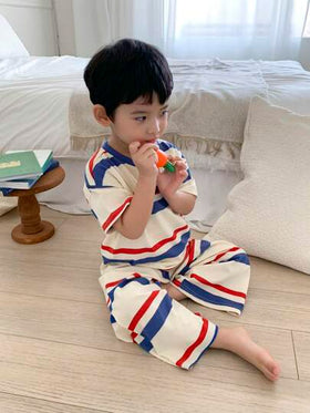 Dazy Kids مجموعة بيجامة للصبي الصغير تتكون من 2 قطعة ملابس علوية بياقة طاقم قصير الأكمام ذو خطوط وسروال رمضان