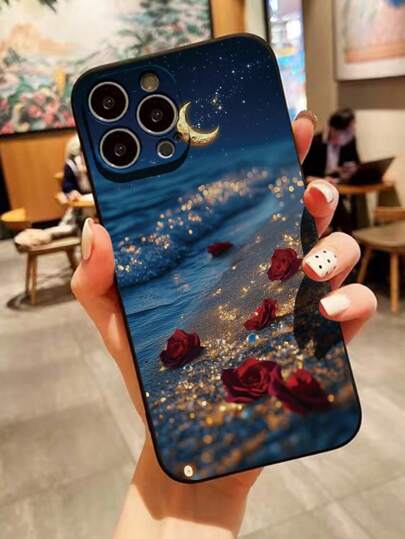 حافة ثقوب مناسبة لعيد الفطر، قاعدة زهرة ونصف قمر، واقية للصدمات متوافقة مع أجهزة iPhone16/16 Pro/16 Plus/16 Pro Max، P14 Pro Max، P13، P11، P12، XR، 7، 8، GES2