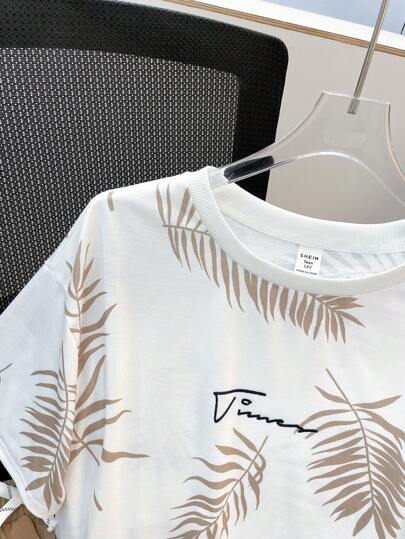 SHEIN مجموعة 2 قطعة تيشرت برسومات أوراق استوائية وشورت بخصر رباط ،ملابس الربيع للمراهقين، ملابس أولاد المراهقين ، سترات أولاد المراهقين، عودة المدرسة للربيع