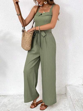 SHEIN Frenchy جمبسوت حريمي بحزام ربط وساق واسعة أحادية اللون
