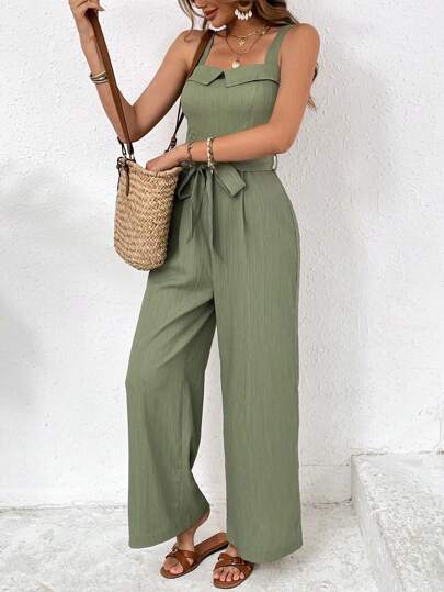 SHEIN Frenchy جمبسوت حريمي بحزام ربط وساق واسعة أحادية اللون