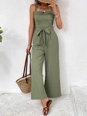 SHEIN Frenchy جمبسوت حريمي بحزام ربط وساق واسعة أحادية اللون