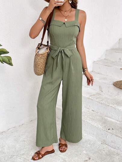 SHEIN Frenchy جمبسوت حريمي بحزام ربط وساق واسعة أحادية اللون