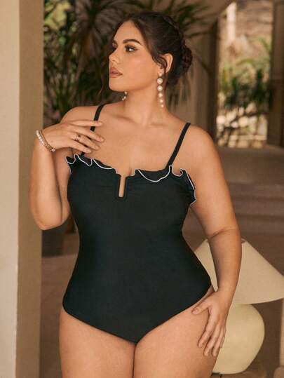 Swim Chiccia بدلة سباحة أنيقة للنساء بدون حمالات، أحادية القطعة مع حاشية خصر متباينة اللون، أشرطة كتف قابلة للإزالة، مقاس كبير