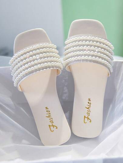 نعال نسائية مسطحة مزينة باللؤلؤ، نعال شبشب بكعب منخفض مربعة الأصبع للارتداء أثناء الشاطئ