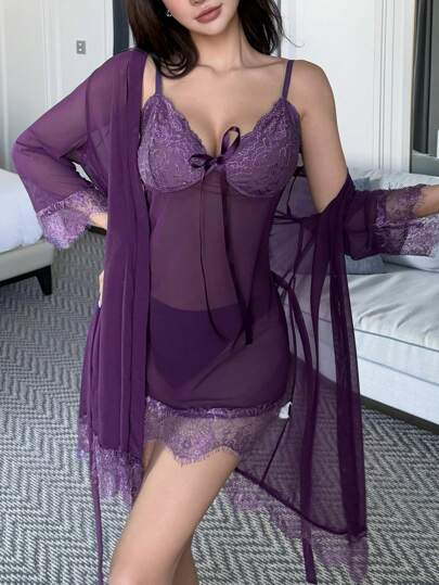 DAZY مجموعة بيجامة نسائية ربيعية مثيرة من الشبك والدانتيل المتباين رمضان