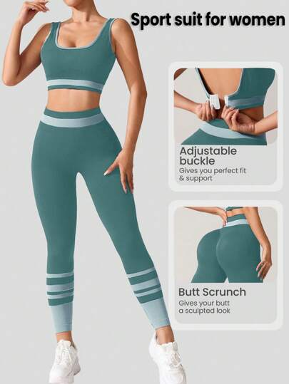 Sport Studio بذلة رياضية للنساء تتكون من ملابس علوية أكمام بلا أكمام وبنطال طويل موحد اللون, بادمج, صالح للاستخدام اليومي