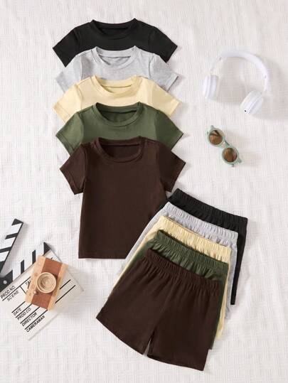 Vintaside Kids مجموعة تي شيرت آستين قصير رقبة طاقم و شورت لون أساسي لطفل صبي ,مجموعة من 5 قطع ,مناسب للصيف