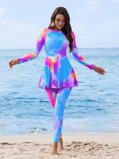 طقم تانكيني حريمي Swim Shayni بدلة سباحة نسائية صيفية غير رسمية بياقة طاقم وأكمام راجلان باللون المربوط، للشاطئ والرحلات