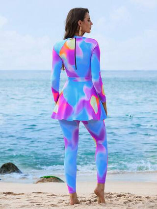 طقم تانكيني حريمي Swim Shayni بدلة سباحة نسائية صيفية غير رسمية بياقة طاقم وأكمام راجلان باللون المربوط، للشاطئ والرحلات