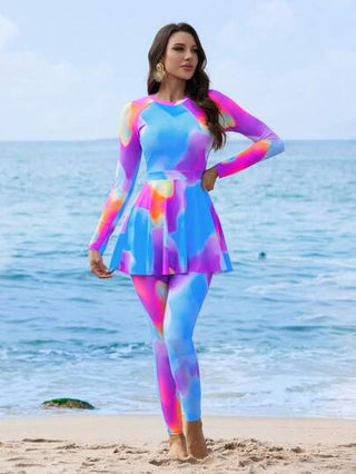 طقم تانكيني حريمي Swim Shayni بدلة سباحة نسائية صيفية غير رسمية بياقة طاقم وأكمام راجلان باللون المربوط، للشاطئ والرحلات