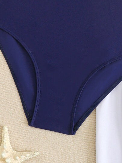 SHEIN Lunivi بدلة سباحة للفتيات المراهقات ذات ياقة بحارية باللون الأزرق الكحلي قطعة واحدة مع تنورة الشاطئ ، بدلة سباحة كاجوال مكونة من قطعتين عصرية