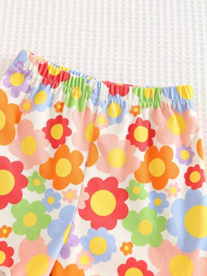 Cozy Pixies مجموعة ملابس علوية أكمام قصيرة بطباعة زهور ناعمة والشورت ذو الخصر المطاطي للبنات 2 قطعة