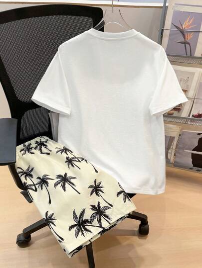 SHEIN مجموعة ذات قطعتين من قصيرة الأكمام وشورت للفتيان المراهقين، بتصميم كاجوال لليومي والحفلات والموسيقى، مناسبة للربيع والصيف، مطبوعة بأشجار جوز الهند، قصير بطلة استوائية