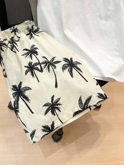 SHEIN مجموعة ذات قطعتين من قصيرة الأكمام وشورت للفتيان المراهقين، بتصميم كاجوال لليومي والحفلات والموسيقى، مناسبة للربيع والصيف، مطبوعة بأشجار جوز الهند، قصير بطلة استوائية