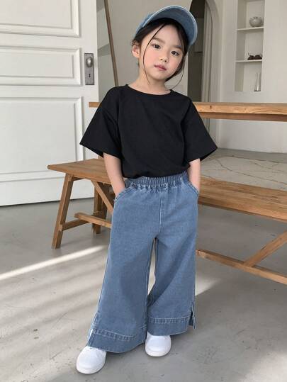 Dazy Kids سراويل جينز عصرية بخصر مطاطي وجيوب وأرجل واسعة للفتيات الصغيرات رمضان