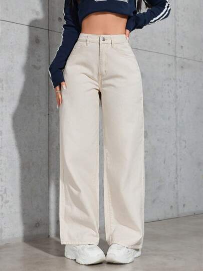 SHEIN PETITE بنطلون جينز كاجوال سادة للنساء للاستخدام اليومي