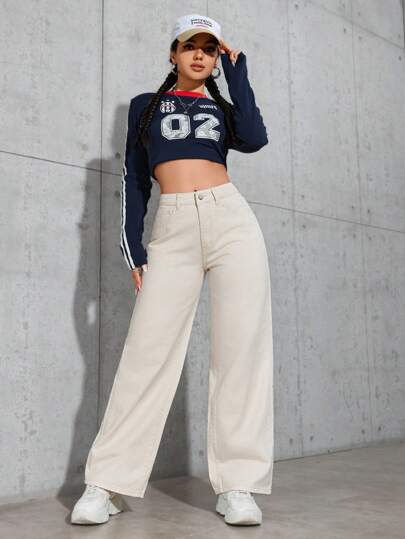 SHEIN PETITE بنطلون جينز كاجوال سادة للنساء للاستخدام اليومي