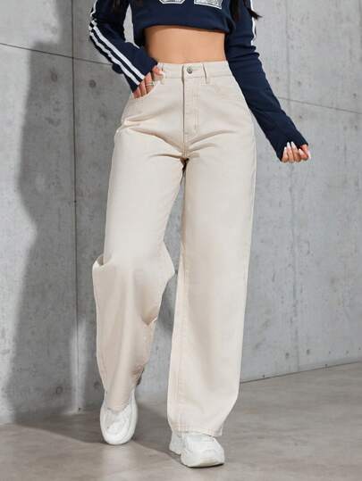 SHEIN PETITE بنطلون جينز كاجوال سادة للنساء للاستخدام اليومي