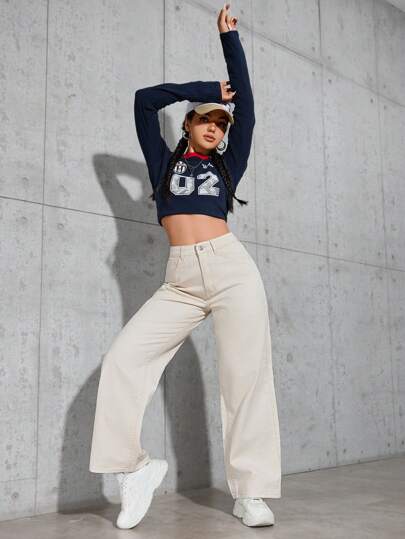 SHEIN PETITE بنطلون جينز كاجوال سادة للنساء للاستخدام اليومي