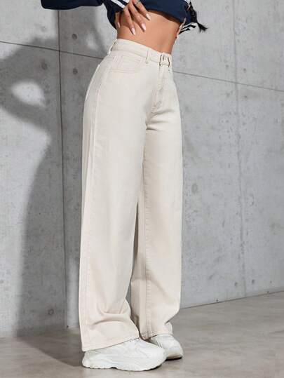 SHEIN PETITE بنطلون جينز كاجوال سادة للنساء للاستخدام اليومي
