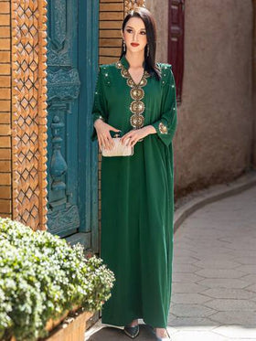 Al Najma فستان أنيق أنثوي طويل الأكمام مزين بالراين الأخضر بطراز عربي متواضع ،