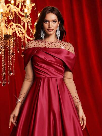 Glamrae فستان ماكسي من الشبك الأنيق والفاخر المصنوع يدويًا بتطريز من الراين ذو خط A فخم، مناسب لضيوف الزفاف ، التواريخ، الحفلات الرسمية، السهرات والأمسيات