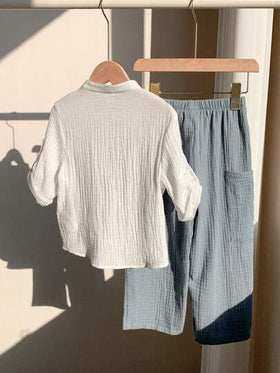 SHEIN طقم ملابس علوية كم قصير ذات طوق عالي وبنطلون طويل مرن مناسب للأطفال البنات والأولاد، ملائم للارتداء اليومي، الرياضة، اللعب، الحفلات، التصوير الفوتوغرافي، العطلات والمناسبات في الربيع والصيف