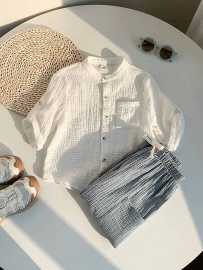 SHEIN طقم ملابس علوية كم قصير ذات طوق عالي وبنطلون طويل مرن مناسب للأطفال البنات والأولاد، ملائم للارتداء اليومي، الرياضة، اللعب، الحفلات، التصوير الفوتوغرافي، العطلات والمناسبات في الربيع والصيف