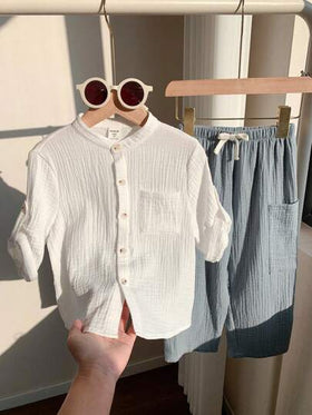 SHEIN طقم ملابس علوية كم قصير ذات طوق عالي وبنطلون طويل مرن مناسب للأطفال البنات والأولاد، ملائم للارتداء اليومي، الرياضة، اللعب، الحفلات، التصوير الفوتوغرافي، العطلات والمناسبات في الربيع والصيف