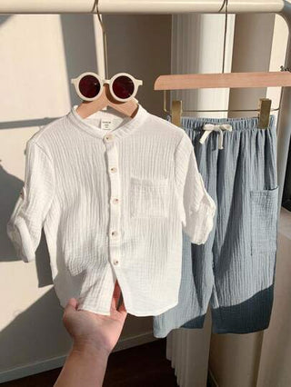 SHEIN طقم ملابس علوية كم قصير ذات طوق عالي وبنطلون طويل مرن مناسب للأطفال البنات والأولاد، ملائم للارتداء اليومي، الرياضة، اللعب، الحفلات، التصوير الفوتوغرافي، العطلات والمناسبات في الربيع والصيف