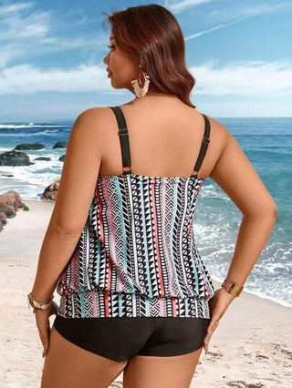 Swim Lushoire مجموعة قطعتين للمرأة ذات المقاسات الكبيرة بطباعة هندسية تجريدية رجعية، ملابس علوية قصيرة بحمالات سوداء وشورت، بكيني رسمي كاجوال بشريط عنق